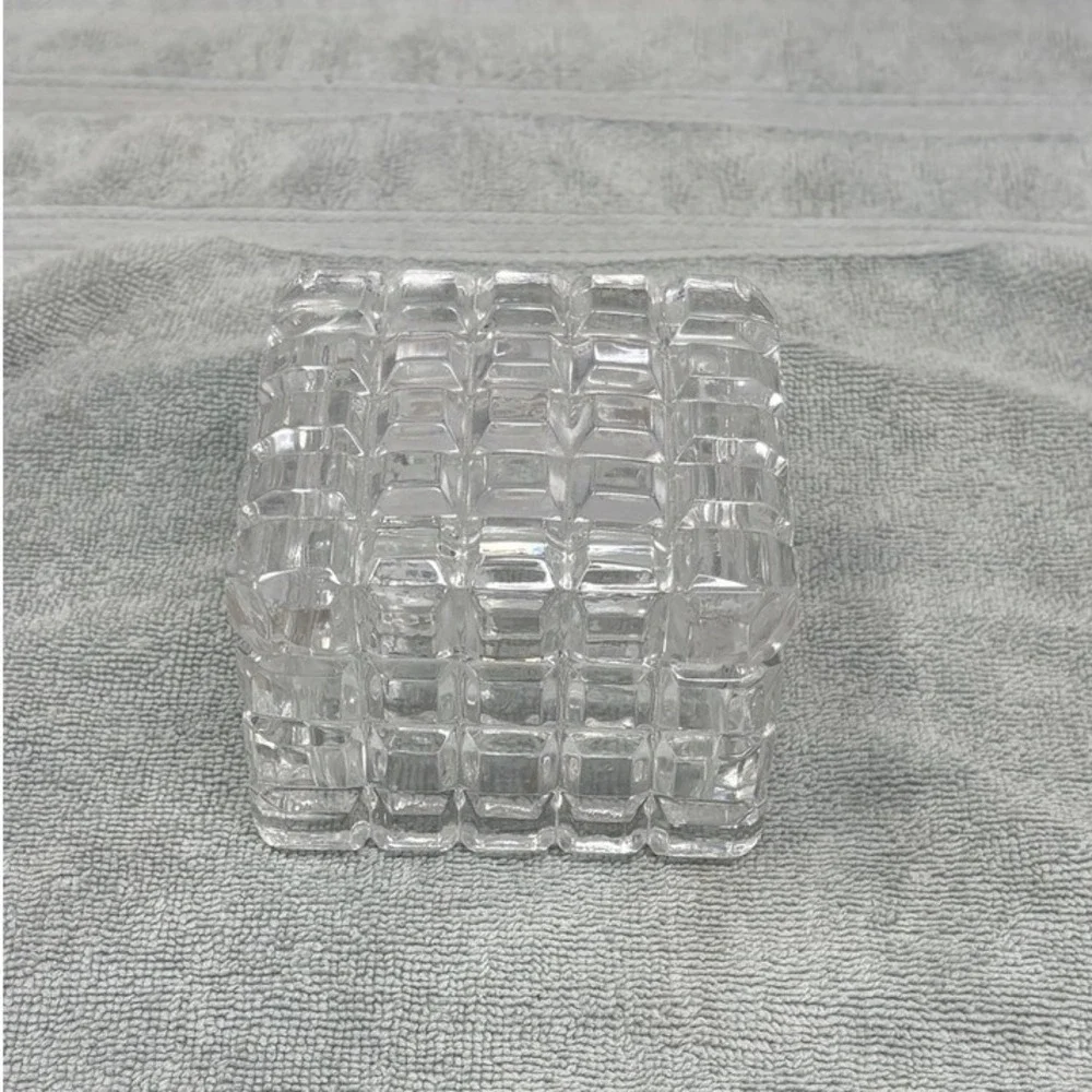 Vintage Clear Crystal Waffle Grid Square Trinket‎ Box with Lid Heavy Vanity